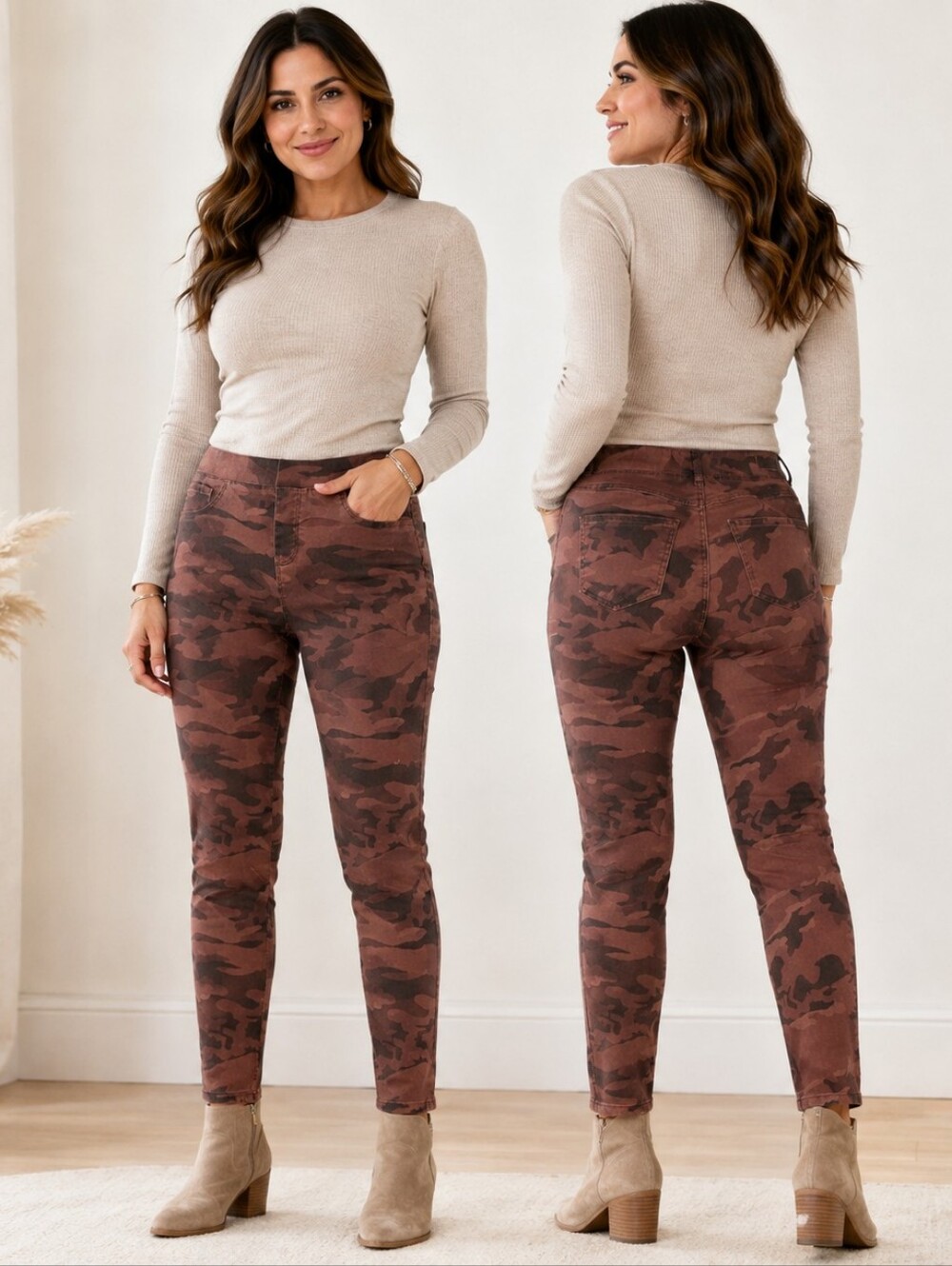 Natural Reflections Brown Camo Skinny Pants Size M Stretch Pull On Gorpcore Y2K